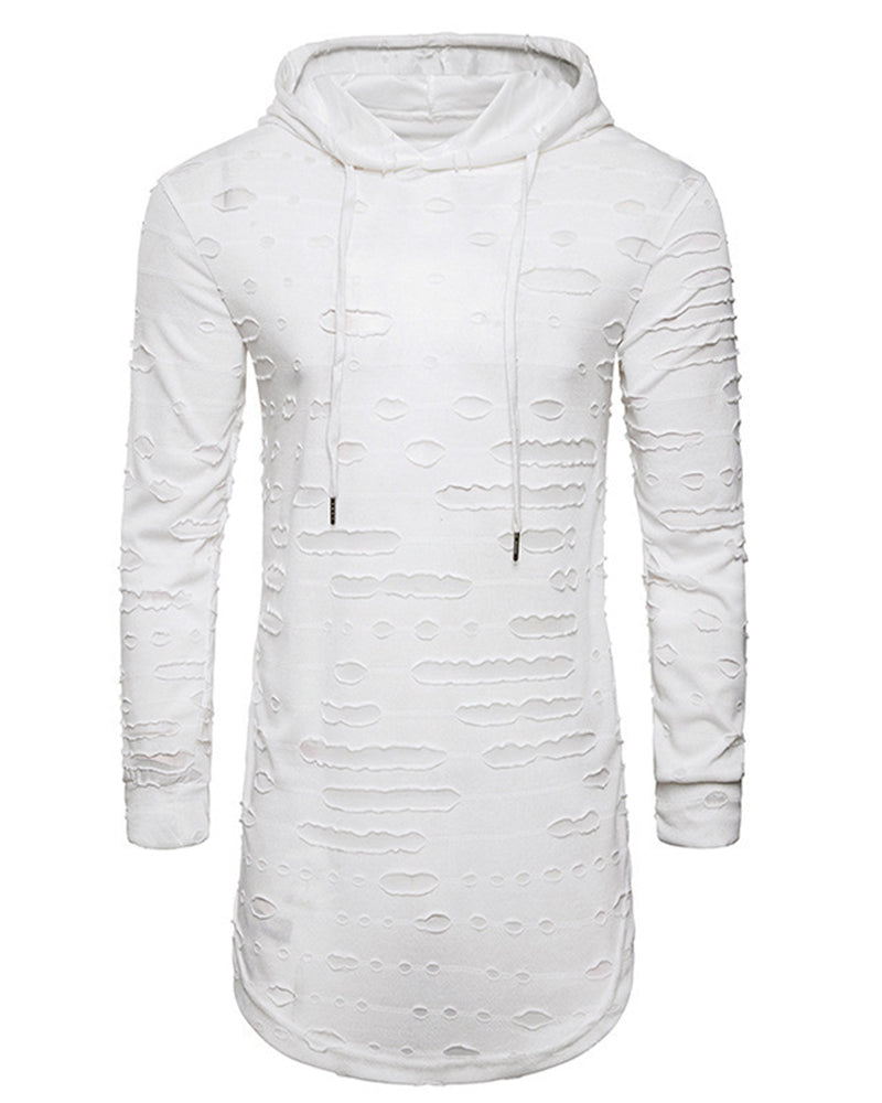 Big & Tall Men's Fashion Personality Hole Solid Color Long Hooded Sports Long Sleeve T-shirt S-2XL