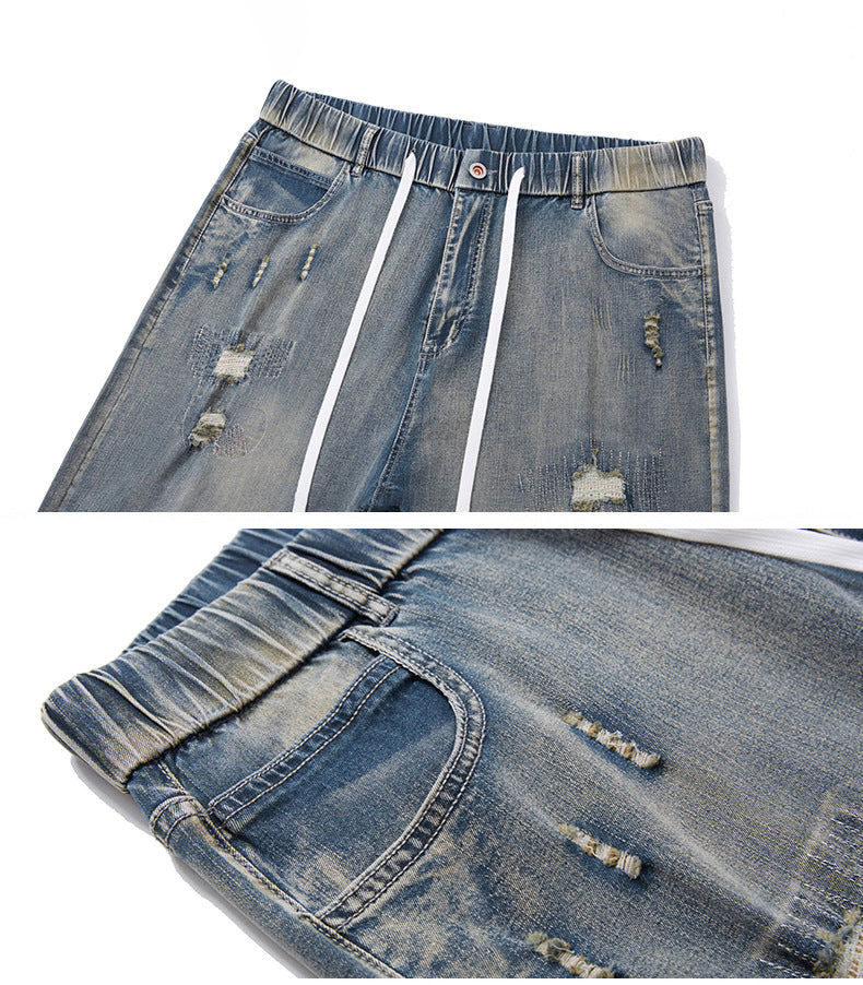 2XL-8XL Plus Size Stretch Patch Denim Shorts With Embroidered Holes