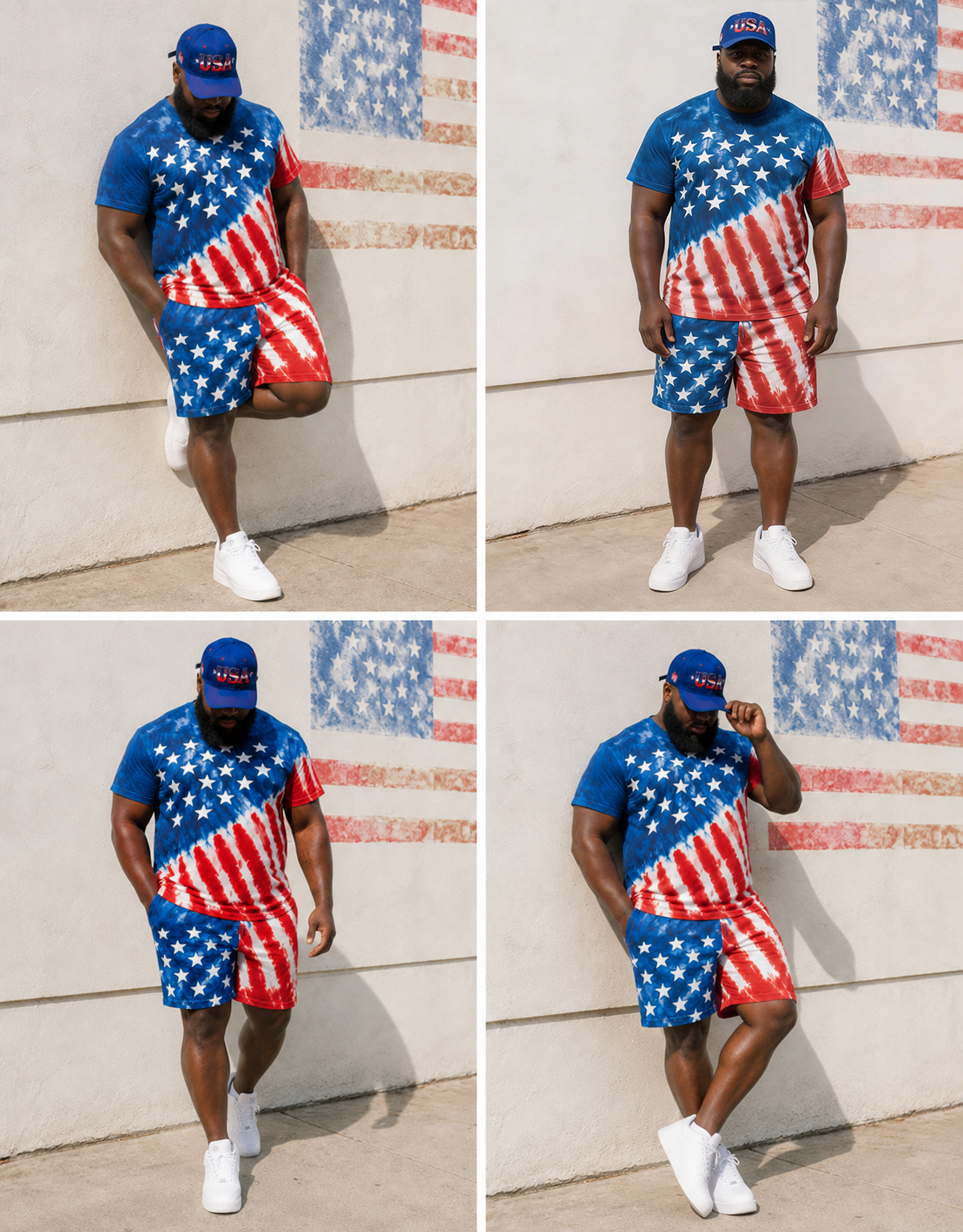 Big & Tall Men's Tie-dye Star-stripe Contrast Printed Crew Neck Short Sleeve T-shirt Shorts Set