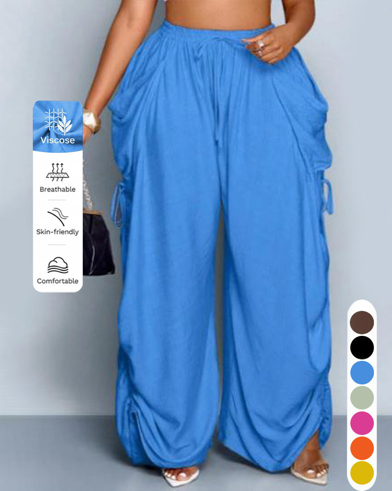S-5XL Solid Color Drawstring Pocket High Waist Harlan Casual Pants