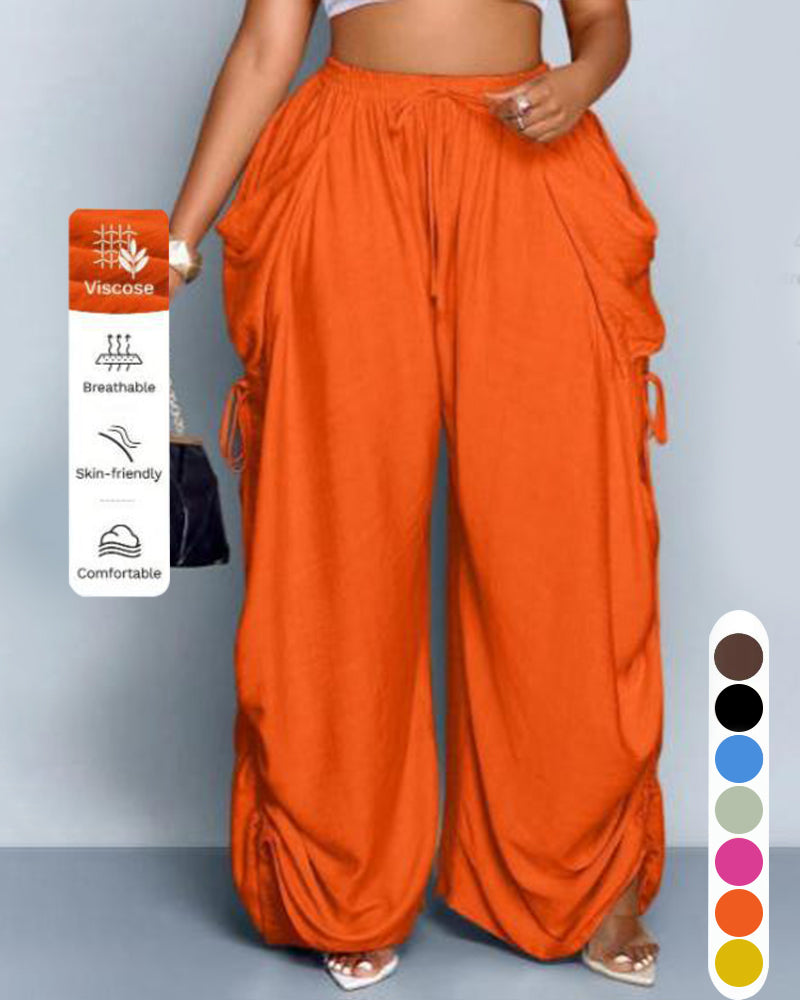 S-5XL Solid Color Drawstring Pocket High Waist Harlan Casual Pants