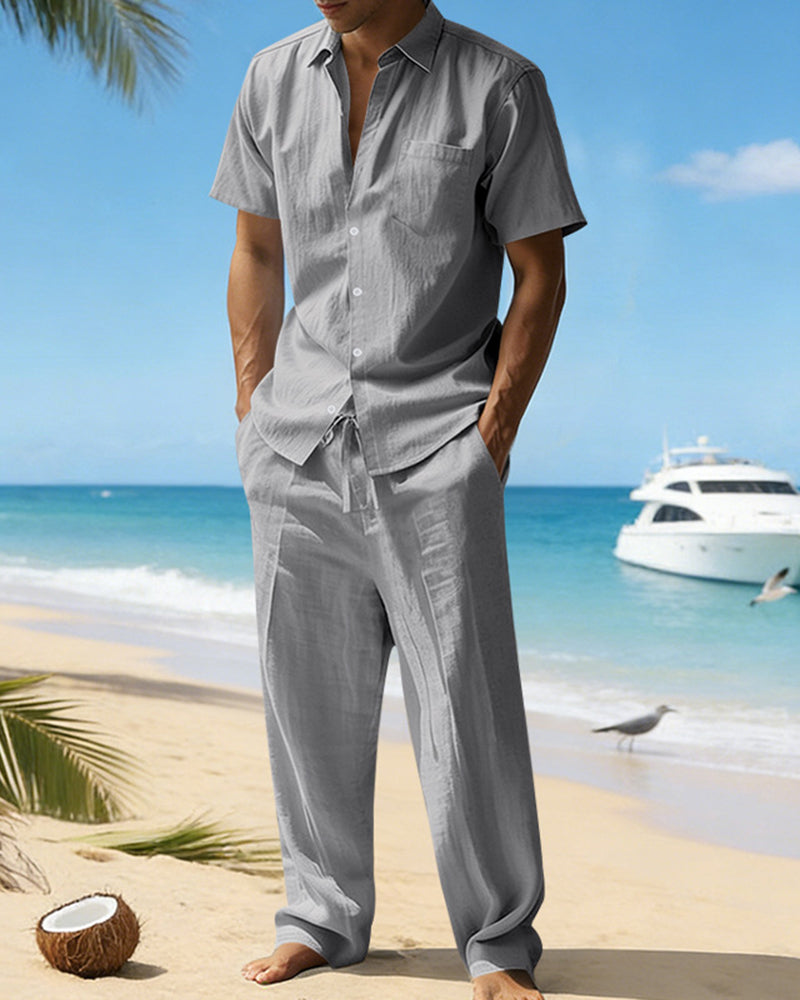 S-3XL Summer Linen Lapel Short Sleeve Shirt Casual Trousers Two-piece Set