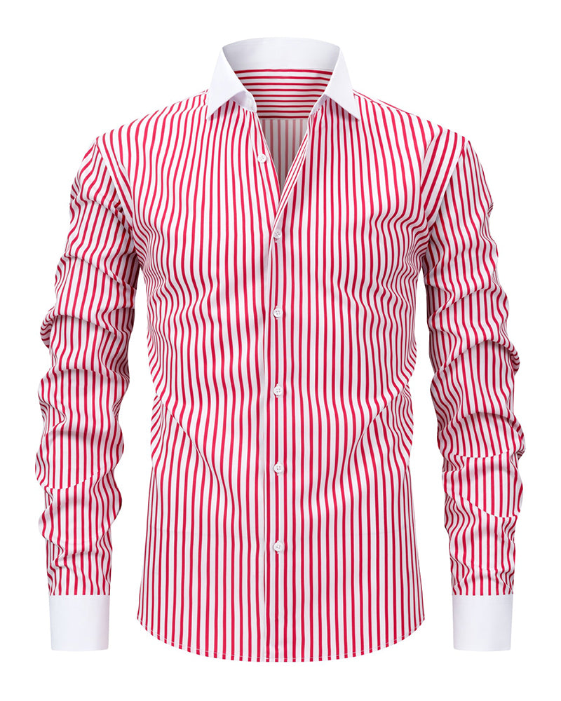 S-3XL Men's Business Stripe Windsor Collar Stretch Long Sleeve Shirt-Free Ironing