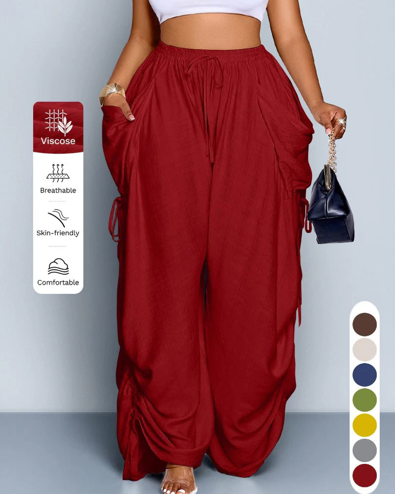 S-5XL Solid Color Drawstring Pocket High Waist Harlan Casual Pants
