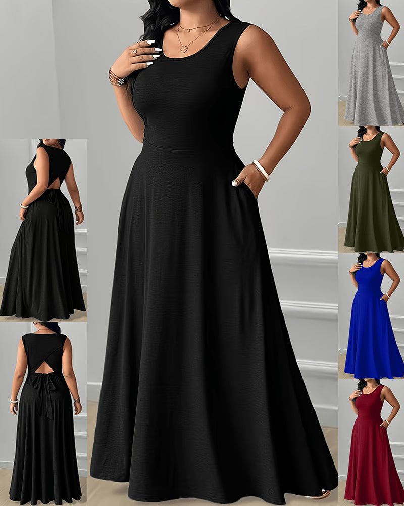 XL-5XL Elegant Round Neck Back Lace-Up Side Pocket Solid Color Plus Size Women's Dress