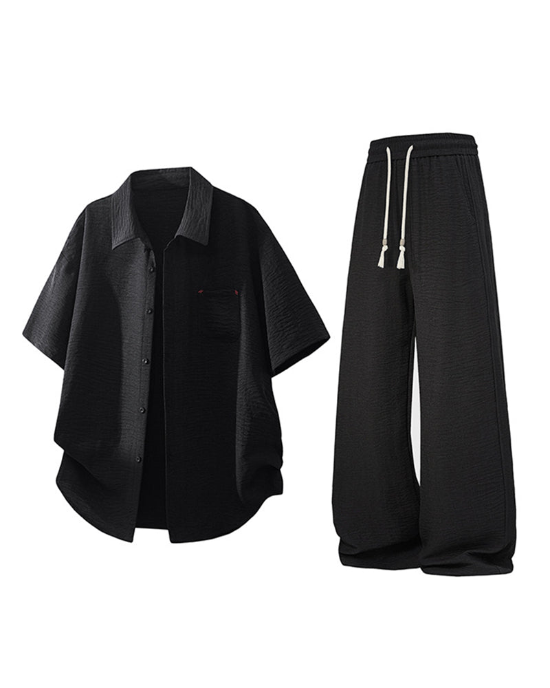 M-5XL Men's Loose Breathable Short-sleeved Shirt Pants Set