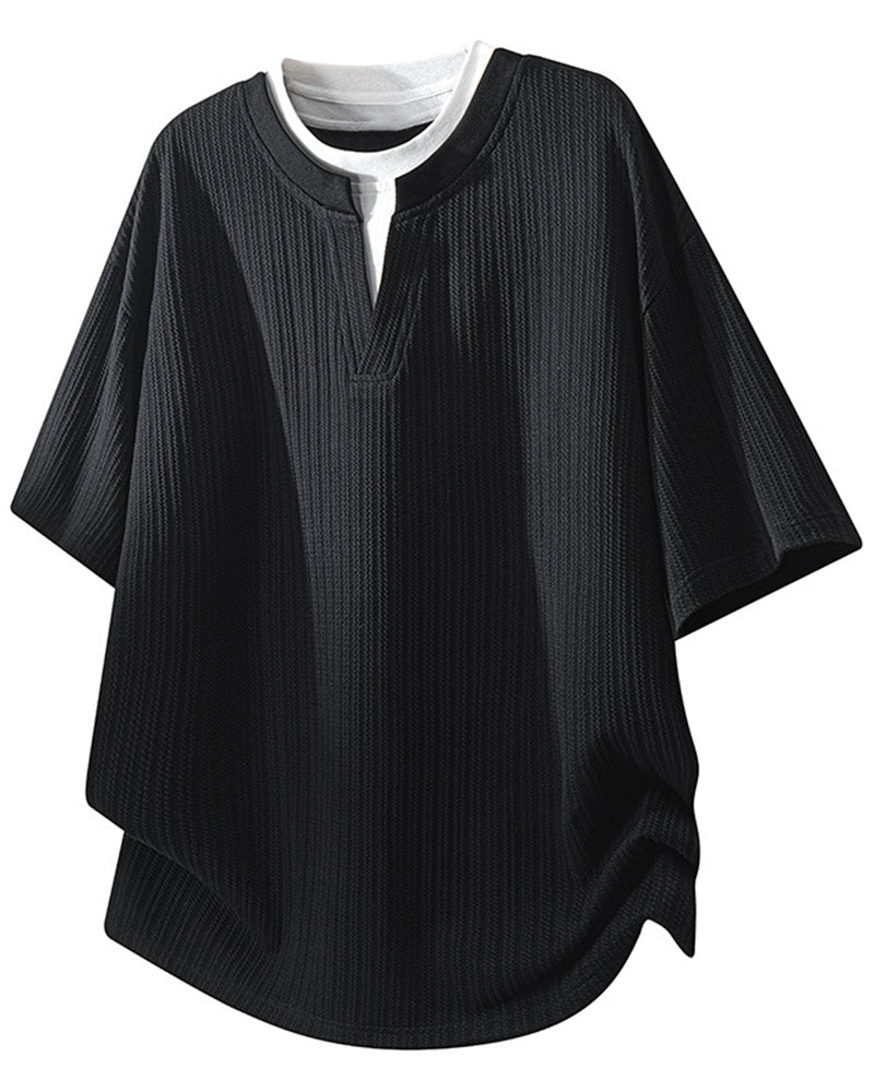 M-8XL Fake Two-Piece Henry Collar Short-Sleeve Tee