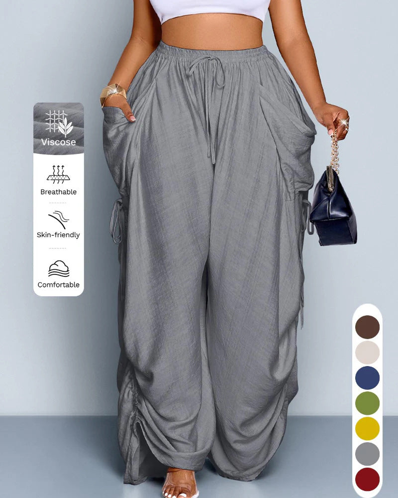 S-5XL Solid Color Drawstring Pocket High Waist Harlan Casual Pants
