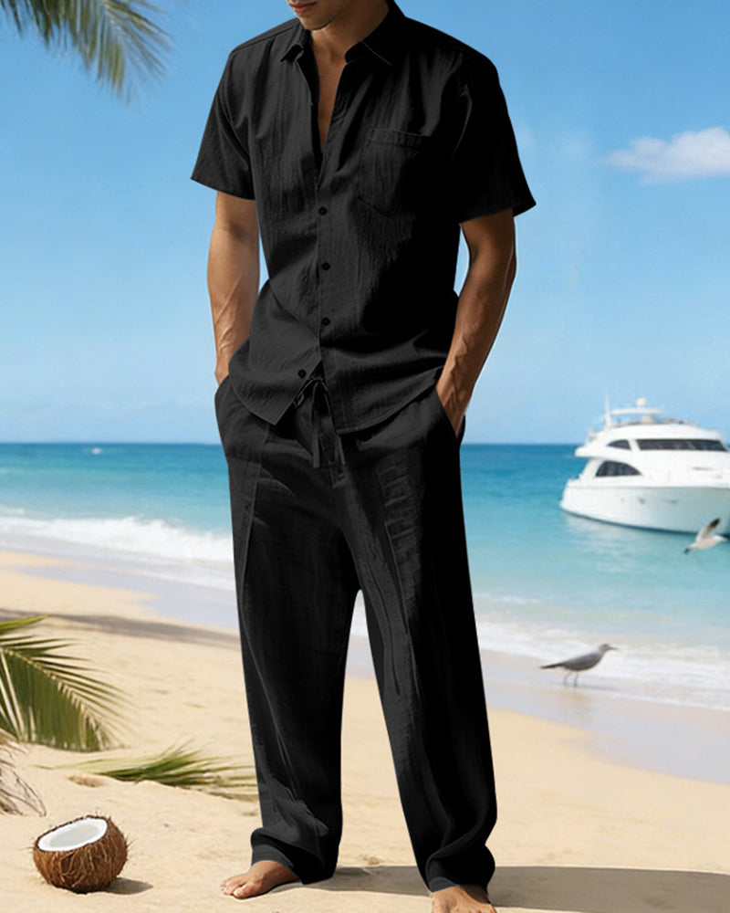 S-3XL Summer Linen Lapel Short Sleeve Shirt Casual Trousers Two-piece Set