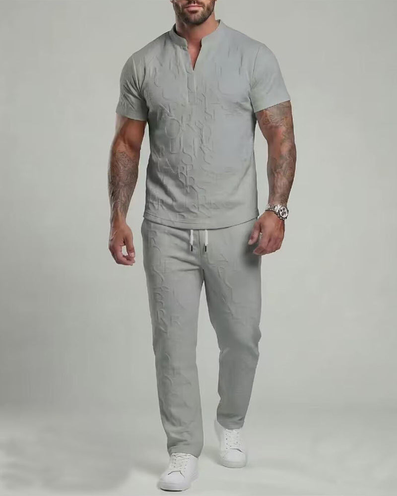 S-3XL Sports Leisure Solid Color V-neck Loose Short-sleeved 2-piece Set