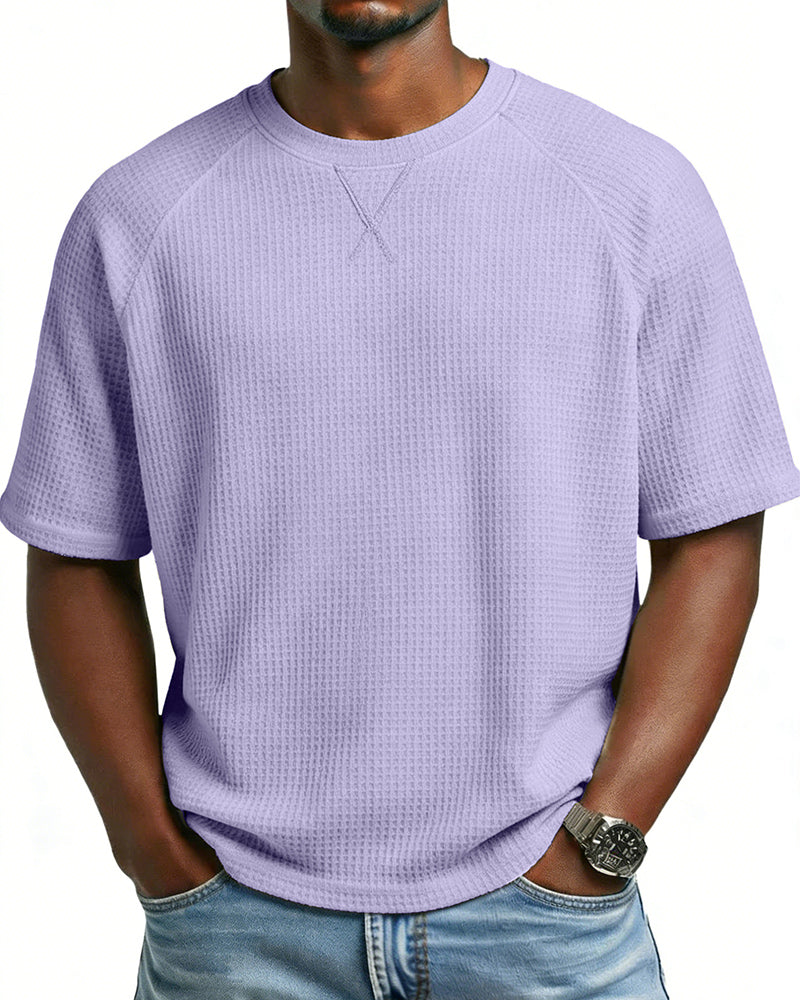 S-3XL Waffled Solid Color Embroidered Raglan Crewneck Casual T-Shirt