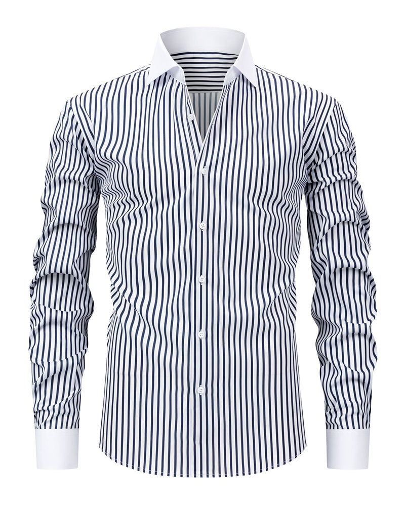 S-3XL Men's Business Stripe Windsor Collar Stretch Long Sleeve Shirt-Free Ironing