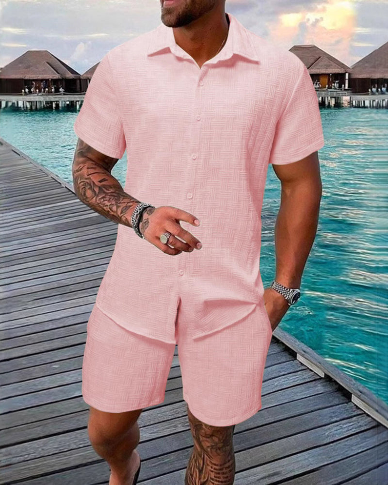 S-3XL Summer Jacquard Solid Color Shirt Shorts Two-piece Set