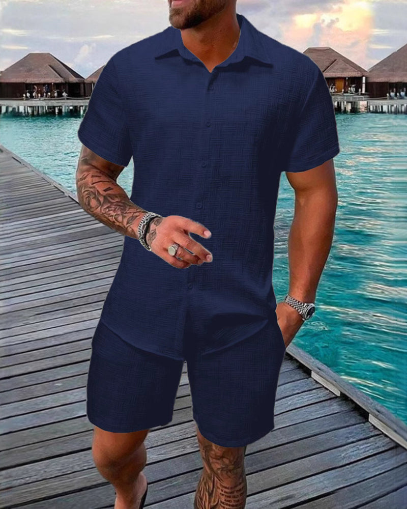 S-3XL Summer Jacquard Solid Color Shirt Shorts Two-piece Set