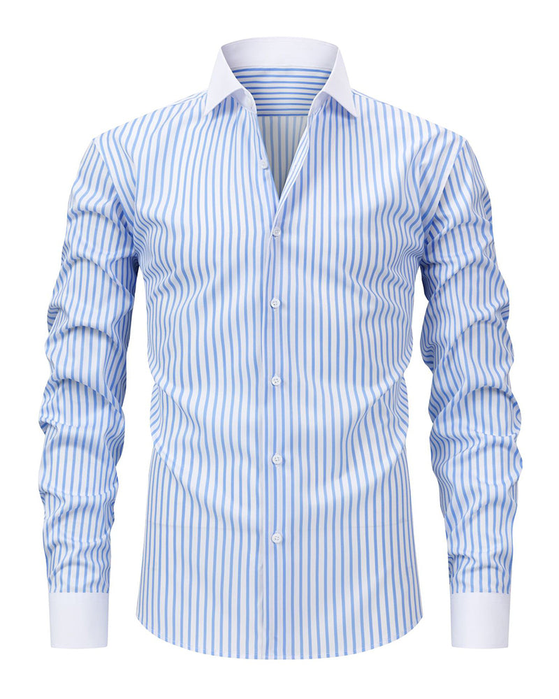 S-3XL Men's Business Stripe Windsor Collar Stretch Long Sleeve Shirt-Free Ironing