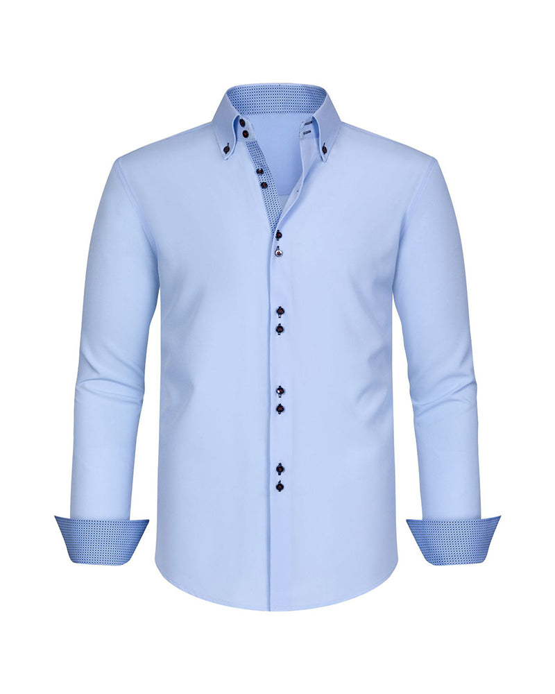 XS-3XL Business Casual Long Sleeve Stretch Double-breasted Colorblock Shirt-Ironing Free