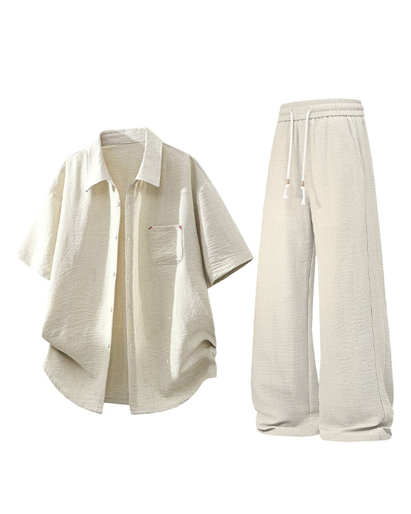 M-5XL Men's Loose Breathable Short-sleeved Shirt Pants Set