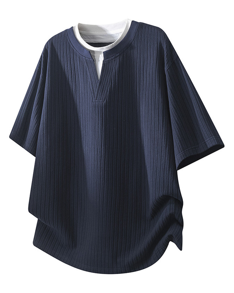 M-8XL Fake Two-Piece Henry Collar Short-Sleeve Tee