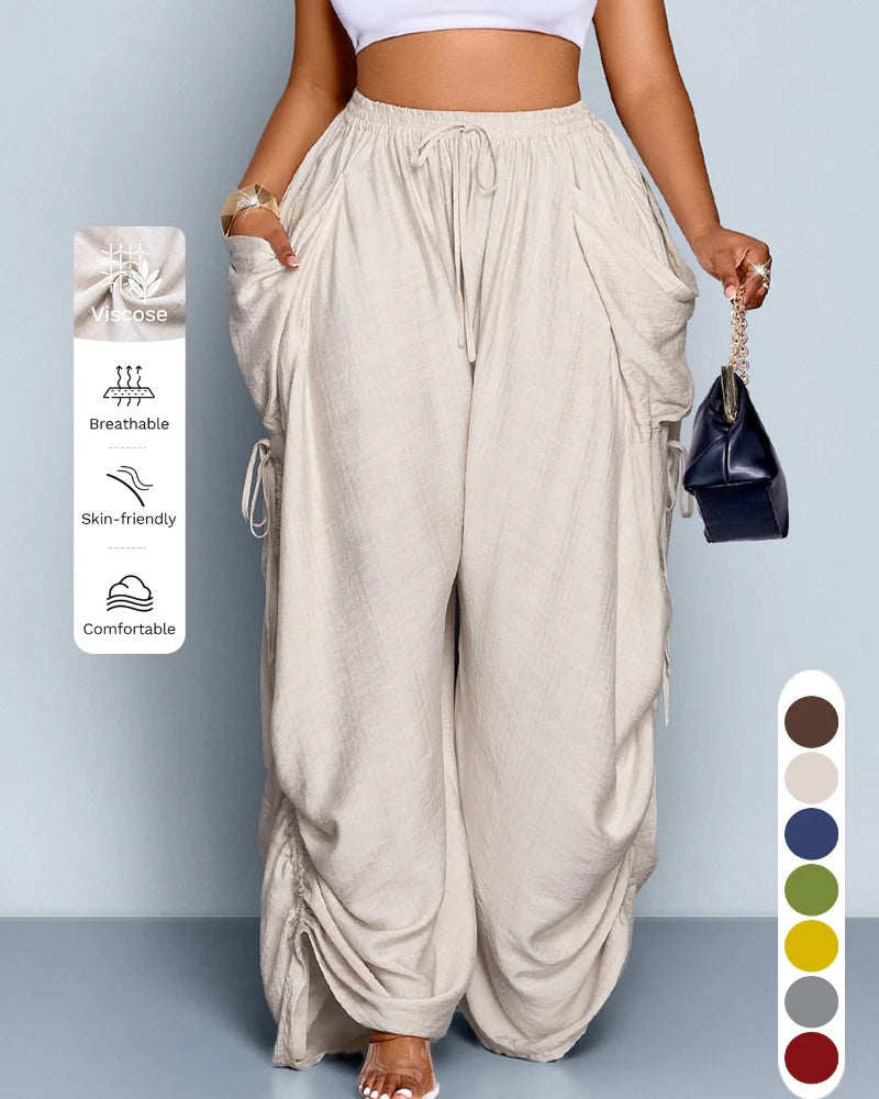 S-5XL Solid Color Drawstring Pocket High Waist Harlan Casual Pants