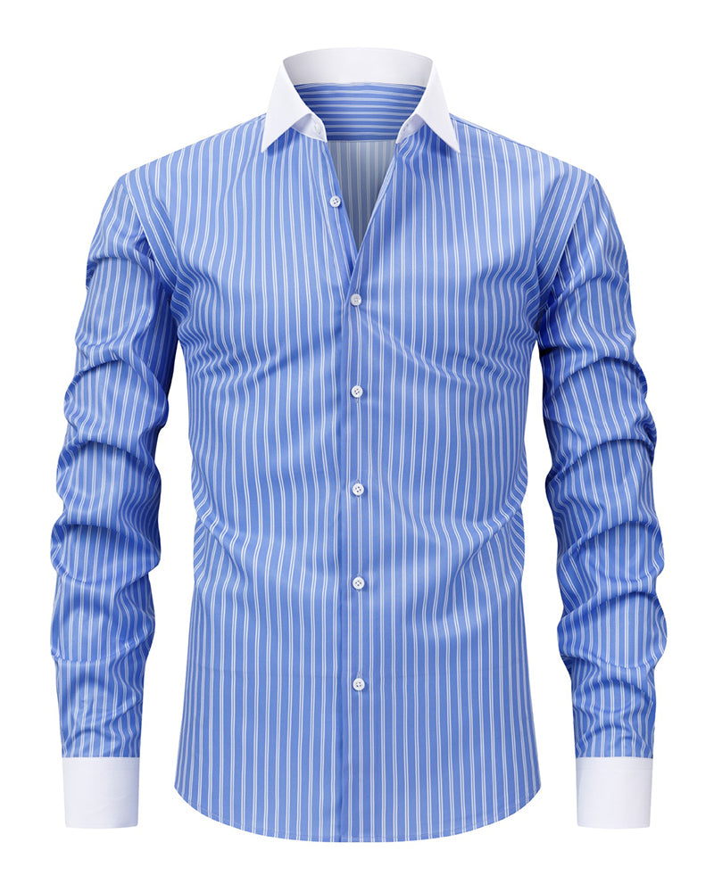 S-3XL Men's Business Stripe Windsor Collar Stretch Long Sleeve Shirt-Free Ironing
