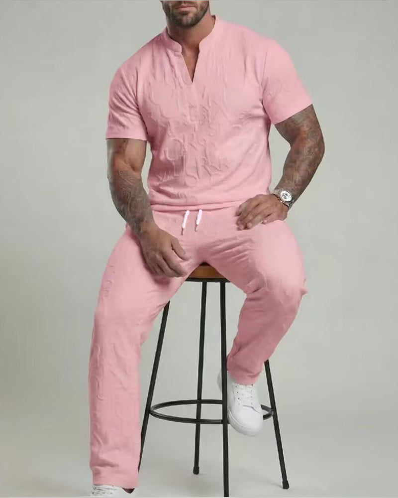 S-3XL Sports Leisure Solid Color V-neck Loose Short-sleeved 2-piece Set