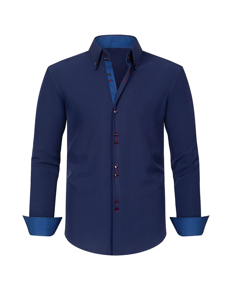 XS-3XL Business Casual Long Sleeve Stretch Double-breasted Colorblock Shirt-Ironing Free