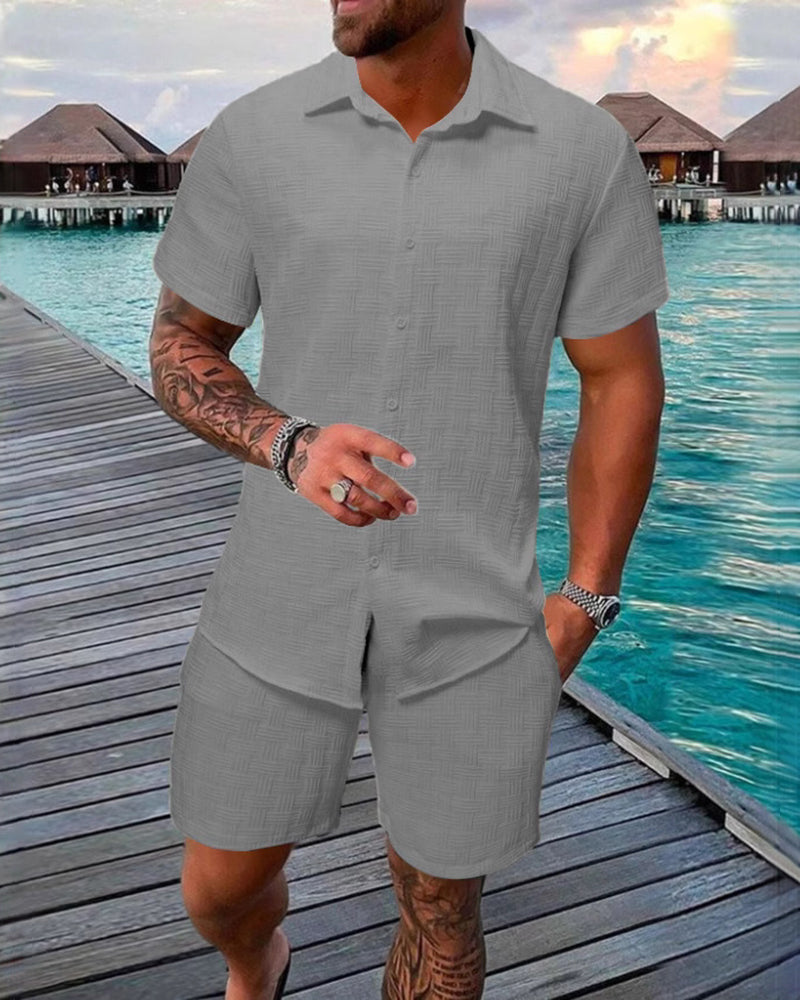 S-3XL Summer Jacquard Solid Color Shirt Shorts Two-piece Set