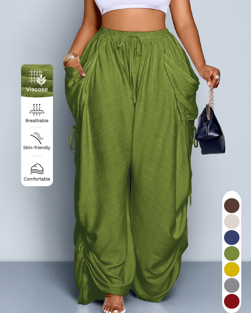 S-5XL Solid Color Drawstring Pocket High Waist Harlan Casual Pants
