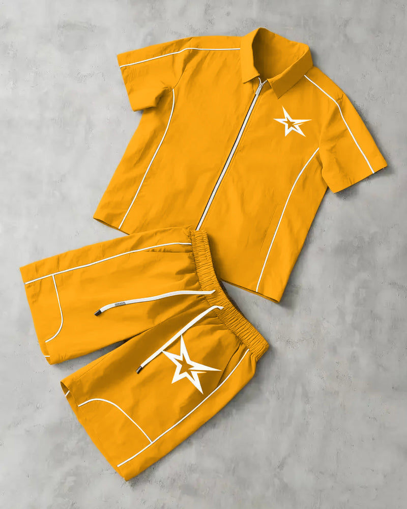 S-6XL Star Print Zip Shirt Set Beach Two-Piece Set