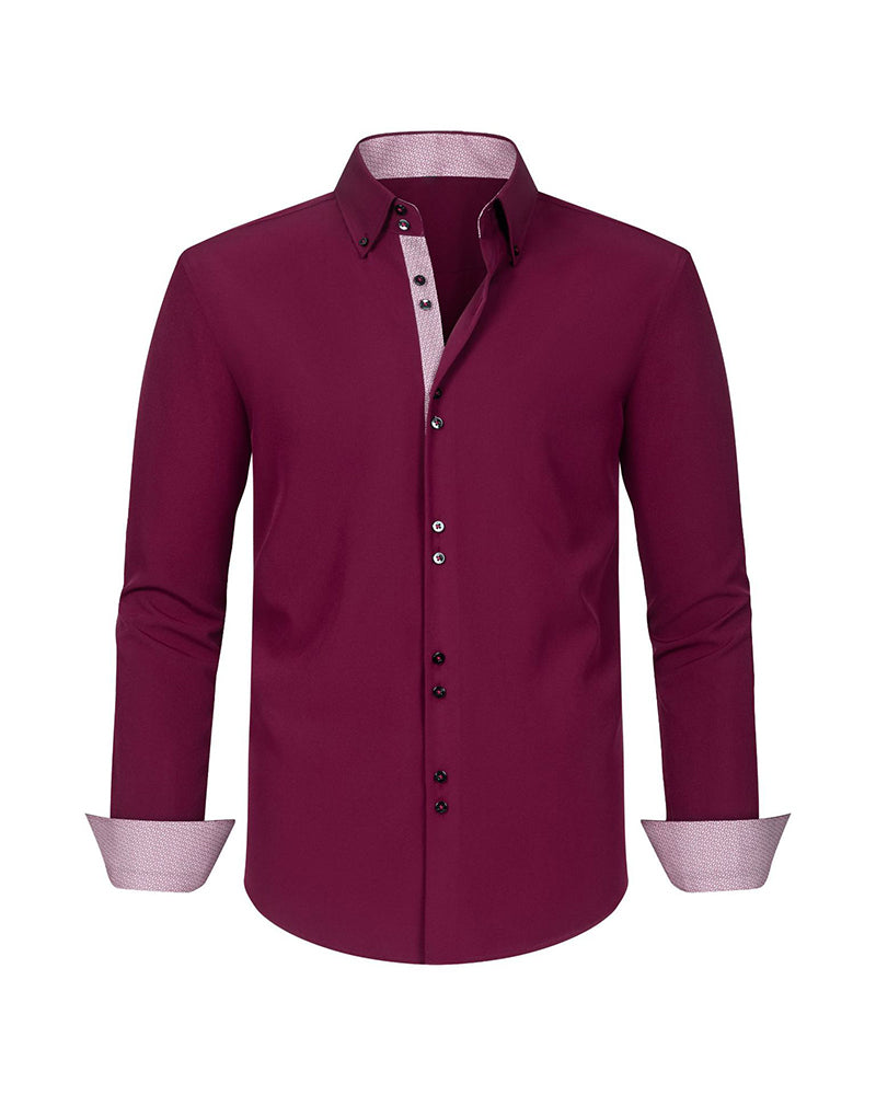 XS-3XL Business Casual Long Sleeve Stretch Double-breasted Colorblock Shirt-Ironing Free