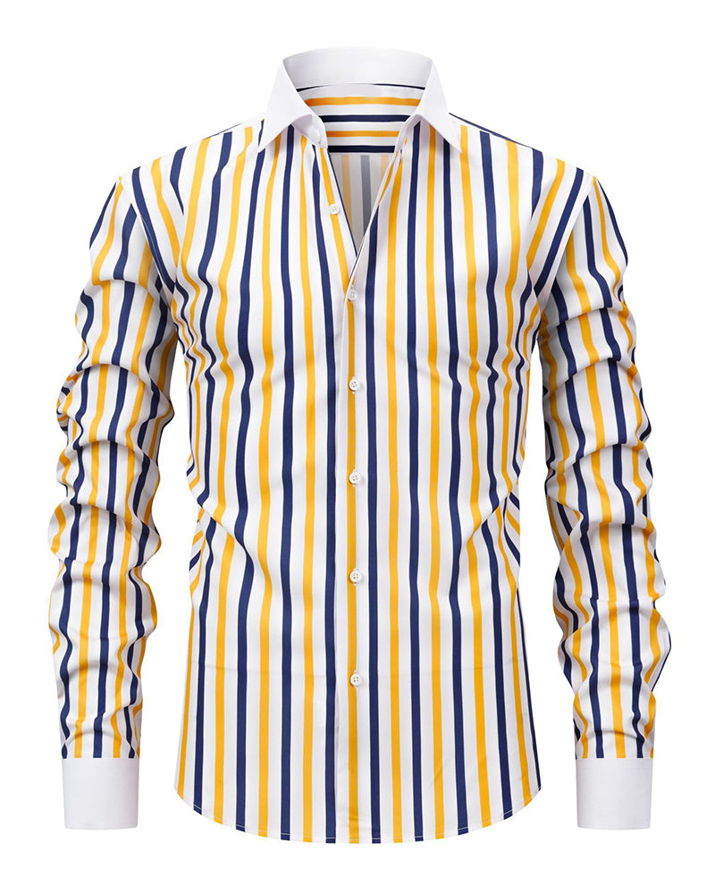 S-3XL Men's Business Stripe Windsor Collar Stretch Long Sleeve Shirt-Free Ironing