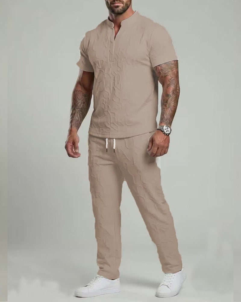 S-3XL Sports Leisure Solid Color V-neck Loose Short-sleeved 2-piece Set