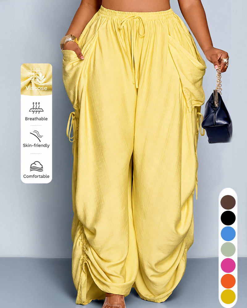S-5XL Solid Color Drawstring Pocket High Waist Harlan Casual Pants