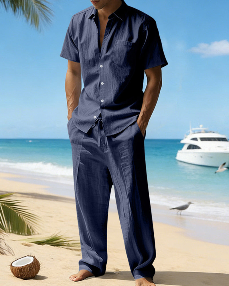 S-3XL Summer Linen Lapel Short Sleeve Shirt Casual Trousers Two-piece Set
