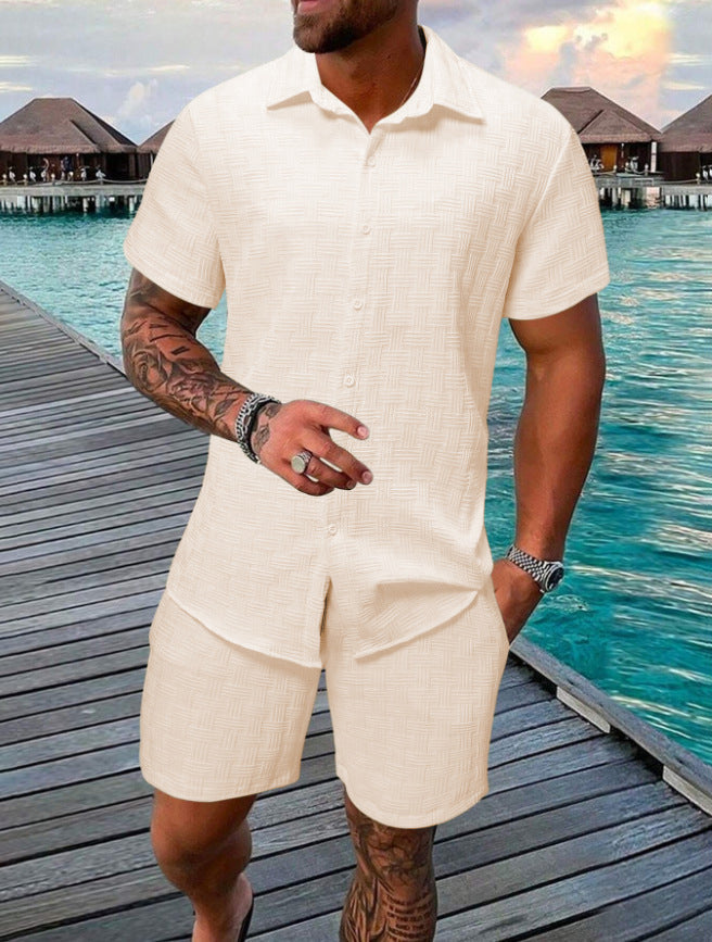 S-3XL Summer Jacquard Solid Color Shirt Shorts Two-piece Set