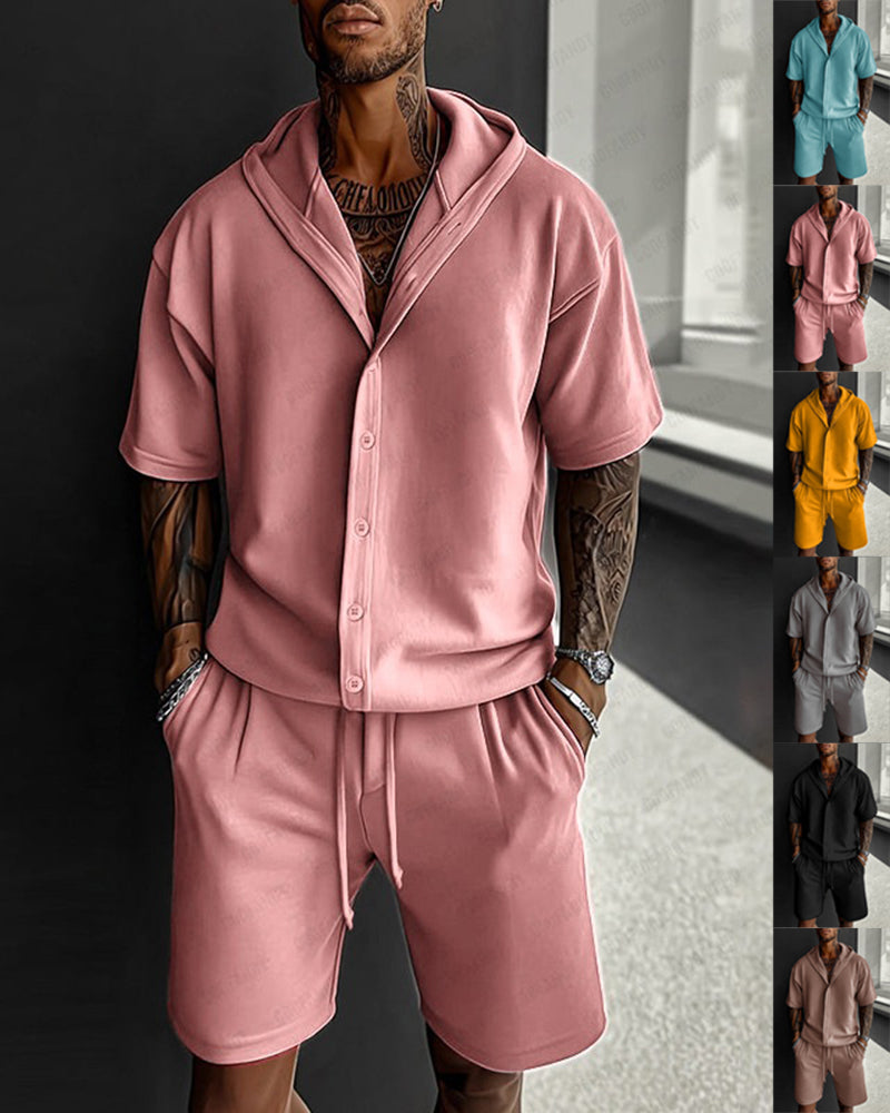 S-3XL Casual Men's Two-Piece Hooded Shirt Shorts Set