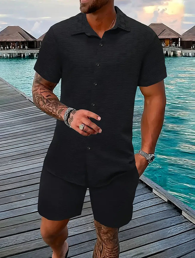 S-3XL Summer Jacquard Solid Color Shirt Shorts Two-piece Set