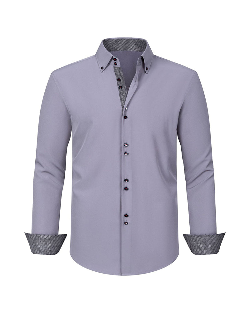 XS-3XL Business Casual Long Sleeve Stretch Double-breasted Colorblock Shirt-Ironing Free