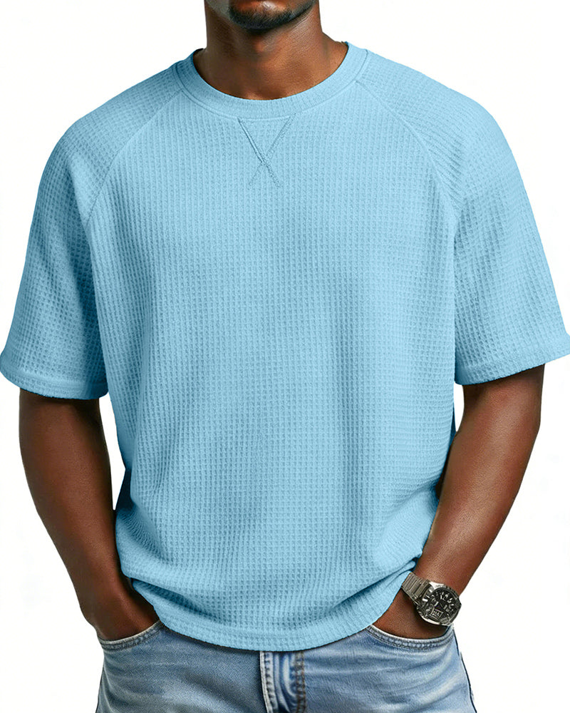 S-3XL Waffled Solid Color Embroidered Raglan Crewneck Casual T-Shirt