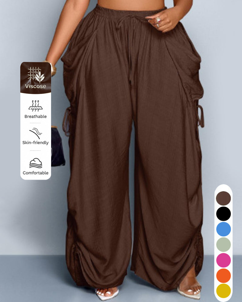 S-5XL Solid Color Drawstring Pocket High Waist Harlan Casual Pants