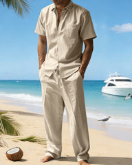 S-3XL Summer Linen Lapel Short Sleeve Shirt Casual Trousers Two-piece Set