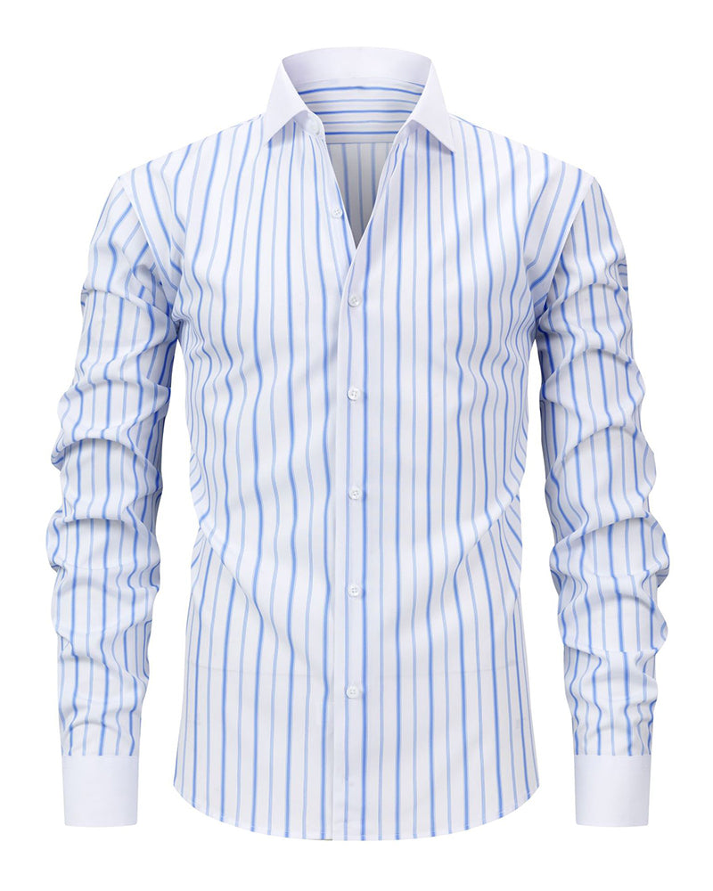 S-3XL Men's Business Stripe Windsor Collar Stretch Long Sleeve Shirt-Free Ironing