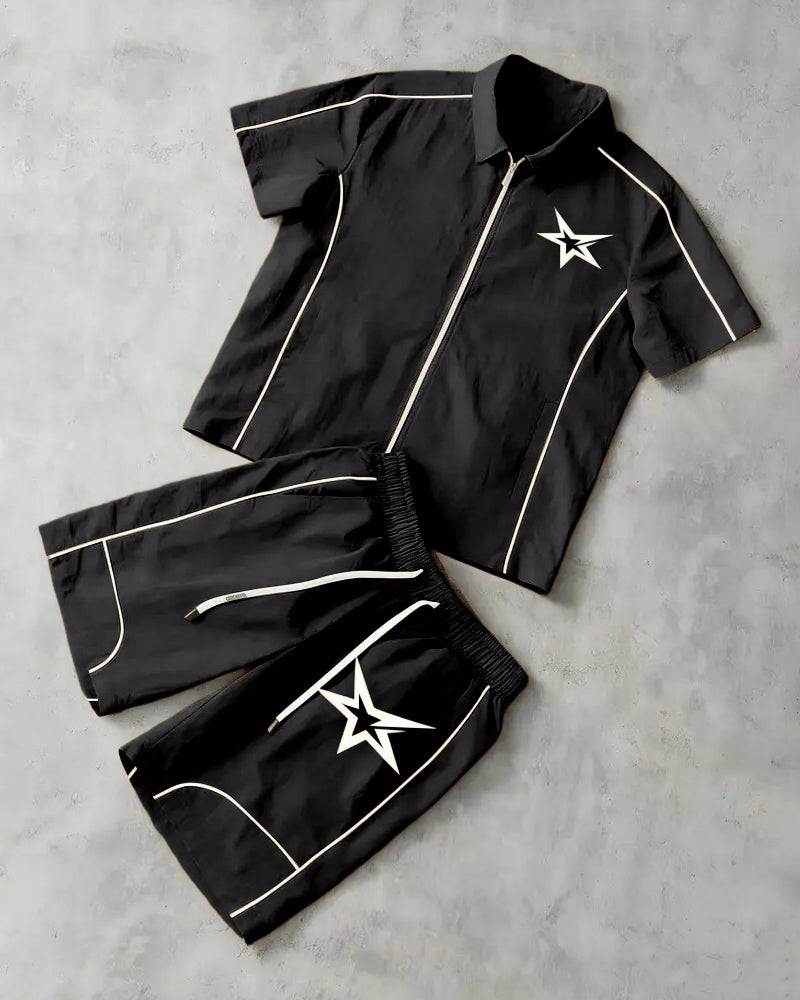 S-6XL Star Print Zip Shirt Set Beach Two-Piece Set