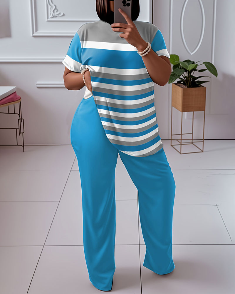 L-5XL Large Size Contrast Striped Short Sleeve Wide Leg Pants Fashion Suit