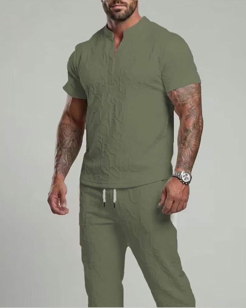 S-3XL Sports Leisure Solid Color V-neck Loose Short-sleeved 2-piece Set