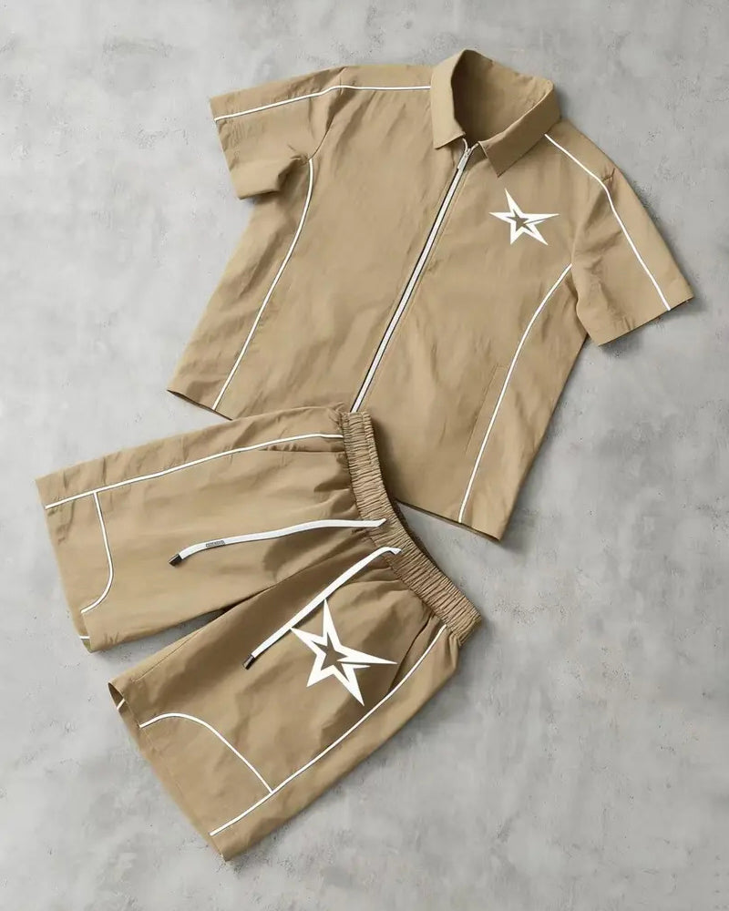 S-6XL Star Print Zip Shirt Set Beach Two-Piece Set