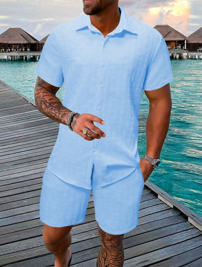 S-3XL Summer Jacquard Solid Color Shirt Shorts Two-piece Set