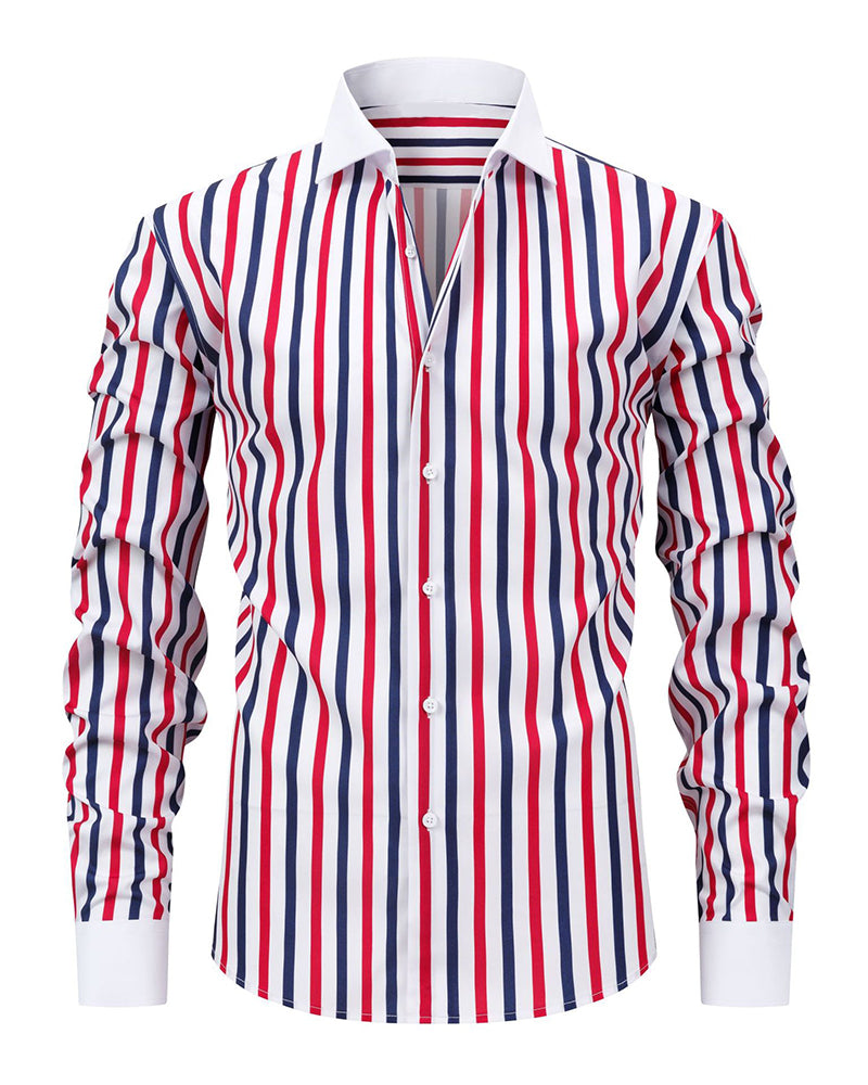 S-3XL Men's Business Stripe Windsor Collar Stretch Long Sleeve Shirt-Free Ironing