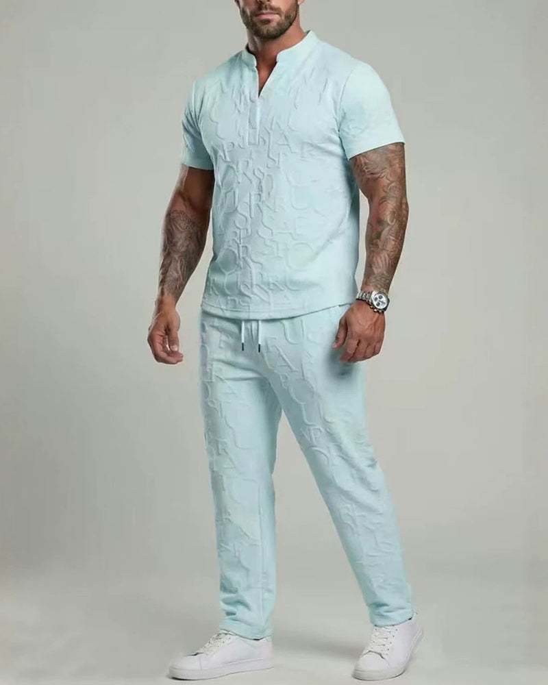 S-3XL Sports Leisure Solid Color V-neck Loose Short-sleeved 2-piece Set