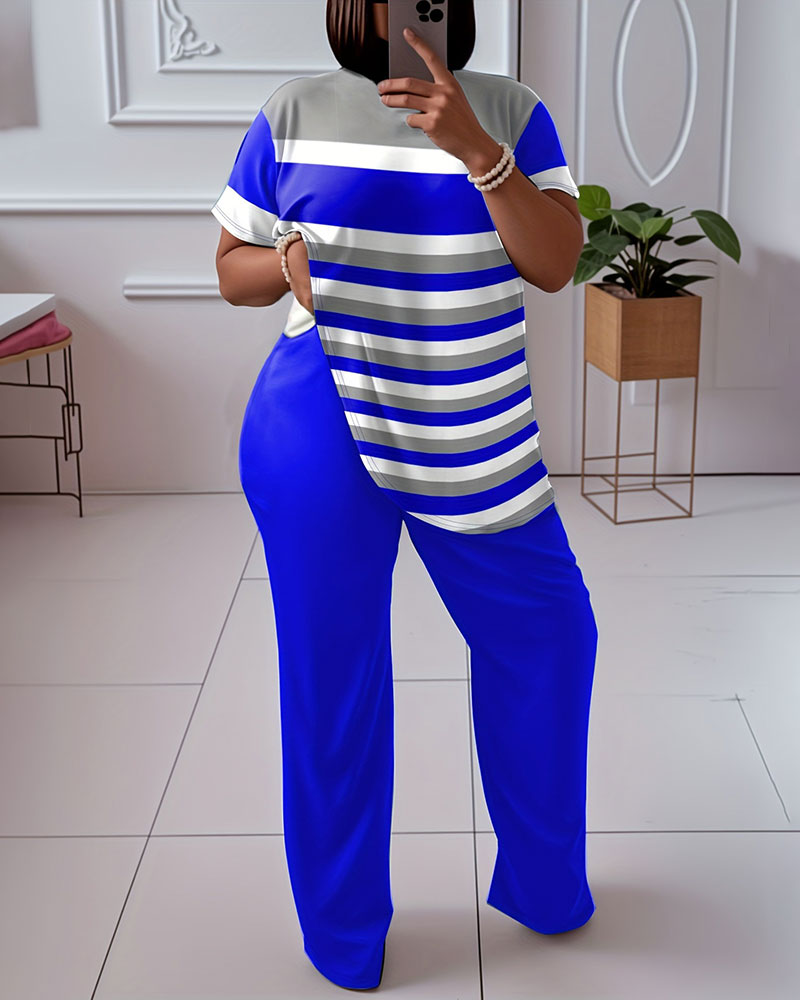 L-5XL Large Size Contrast Striped Short Sleeve Wide Leg Pants Fashion Suit
